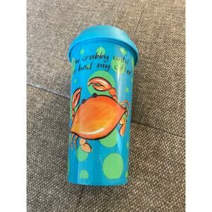 CAPE SHORE new travel mug plastic printed front Crabby patty coffee 8" tall blue